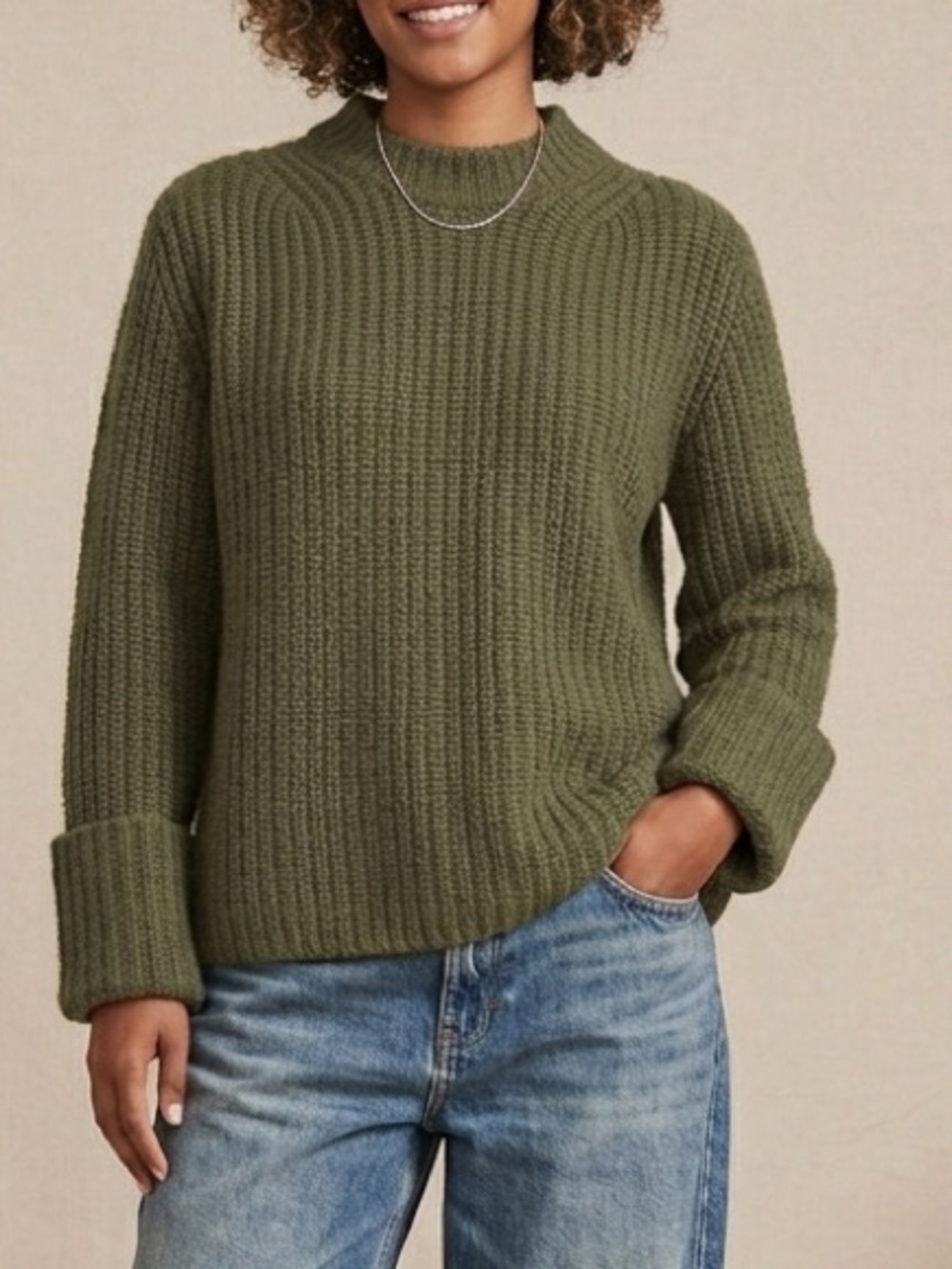 Vince Marl Ribbed Alpaca Wool Blend Sweater in Bay Leaf Size L Chunky Cuffed